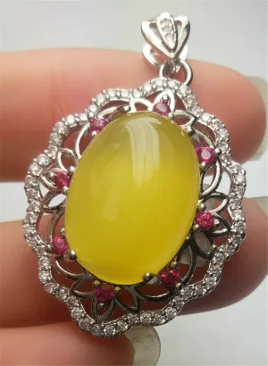 10% OFF- Certified Natural Emerald A*Jade Handcrafted Lucky Yellow Jade Oval Pendant-925 Sterling Silver A7438