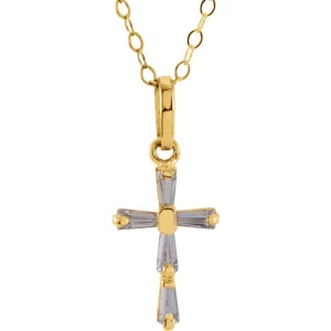 14k Yellow Gold 3x1.5mm Cubic Zirconia Cross 15" Necklace