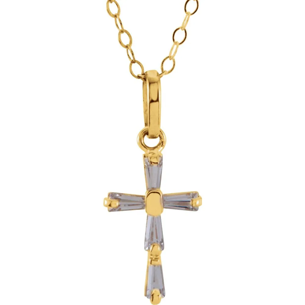14k Yellow Gold 3x1.5mm Cubic Zirconia Cross 15" Necklace