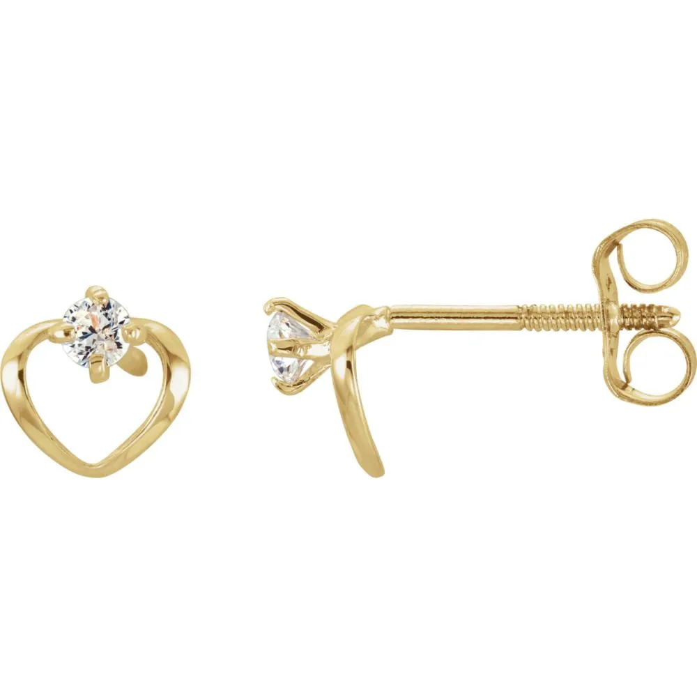 14k Yellow Gold Youth Cubic Zirconia Heart Earrings
