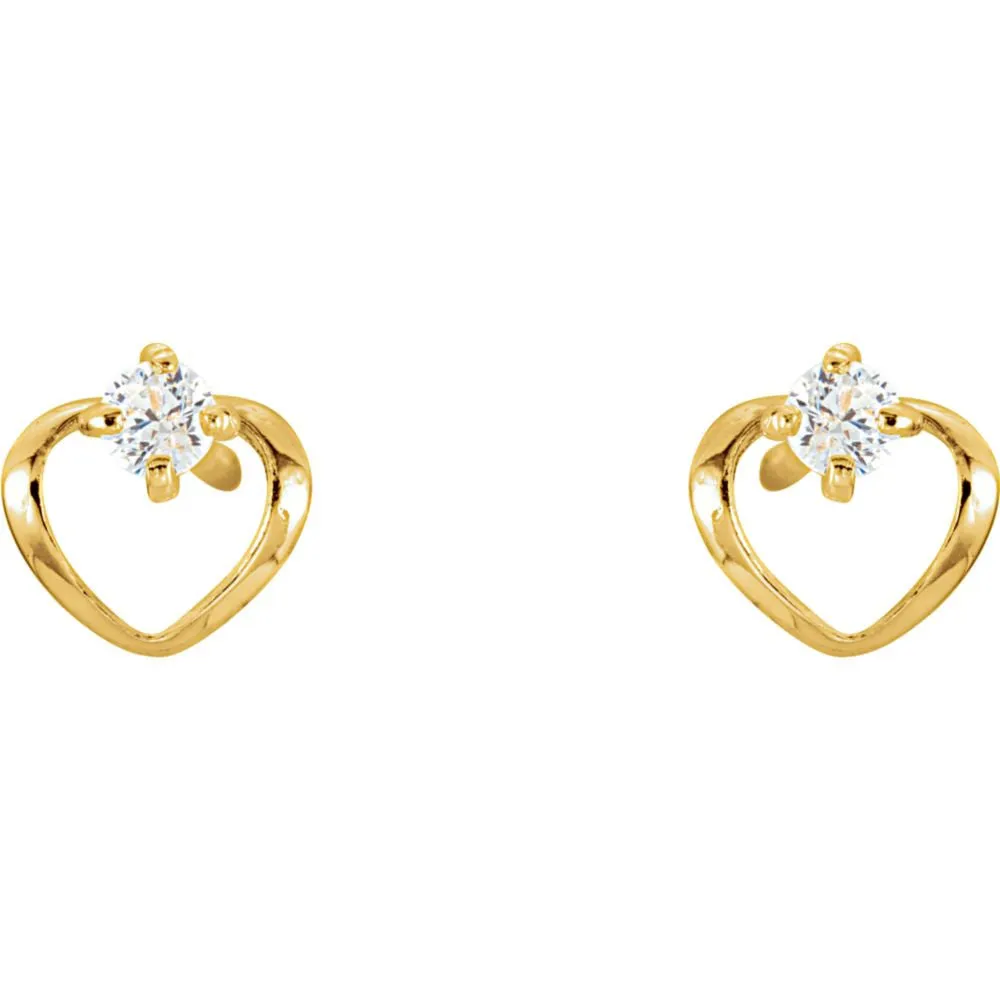 14k Yellow Gold Youth Cubic Zirconia Heart Earrings