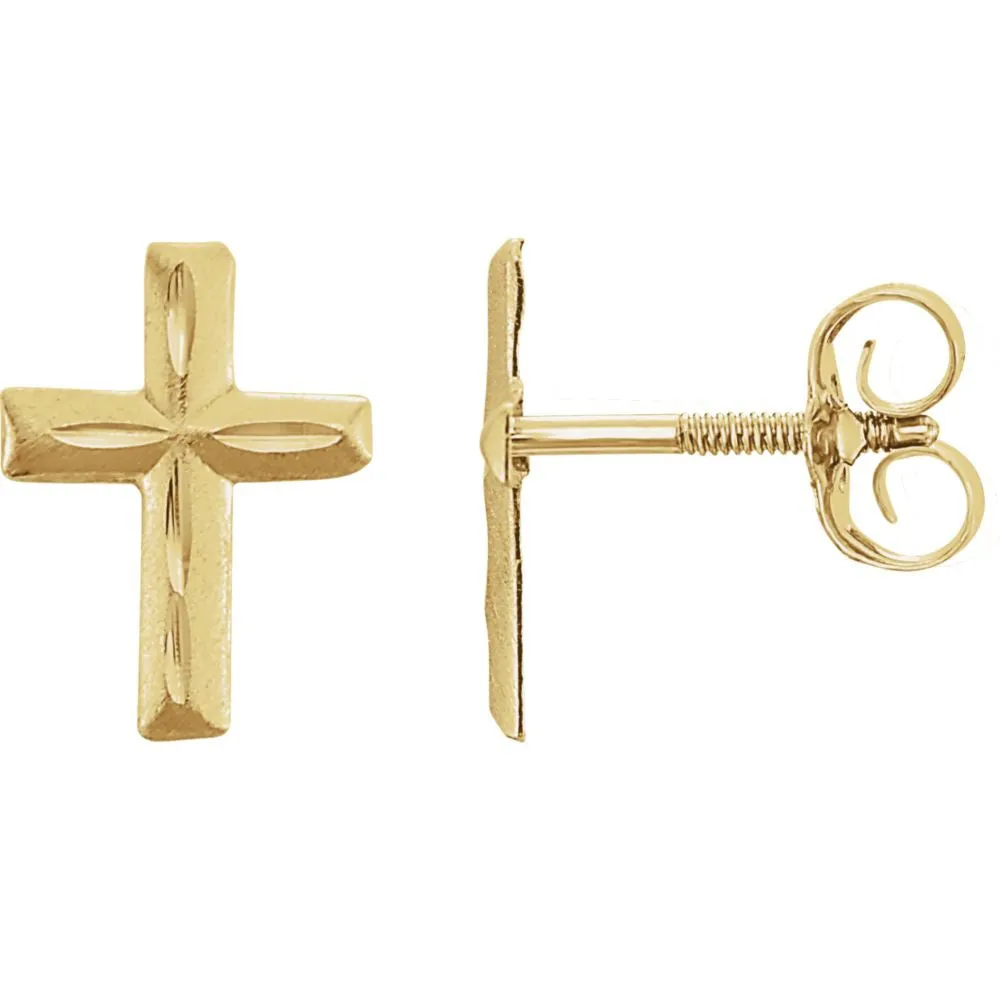 14k Yellow Gold Youth Diamond Cut Cross Earrings