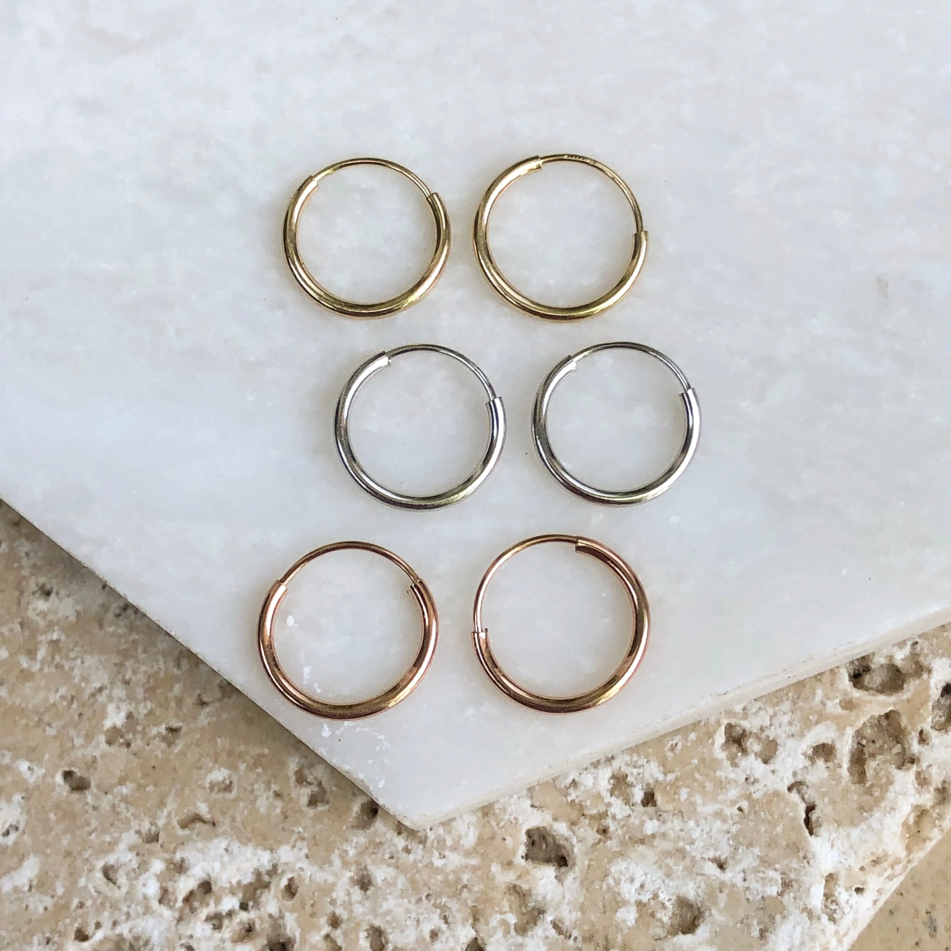 14KT Yellow Gold, Rose Gold   White Gold Mini Hoop Earrings 3 Pair