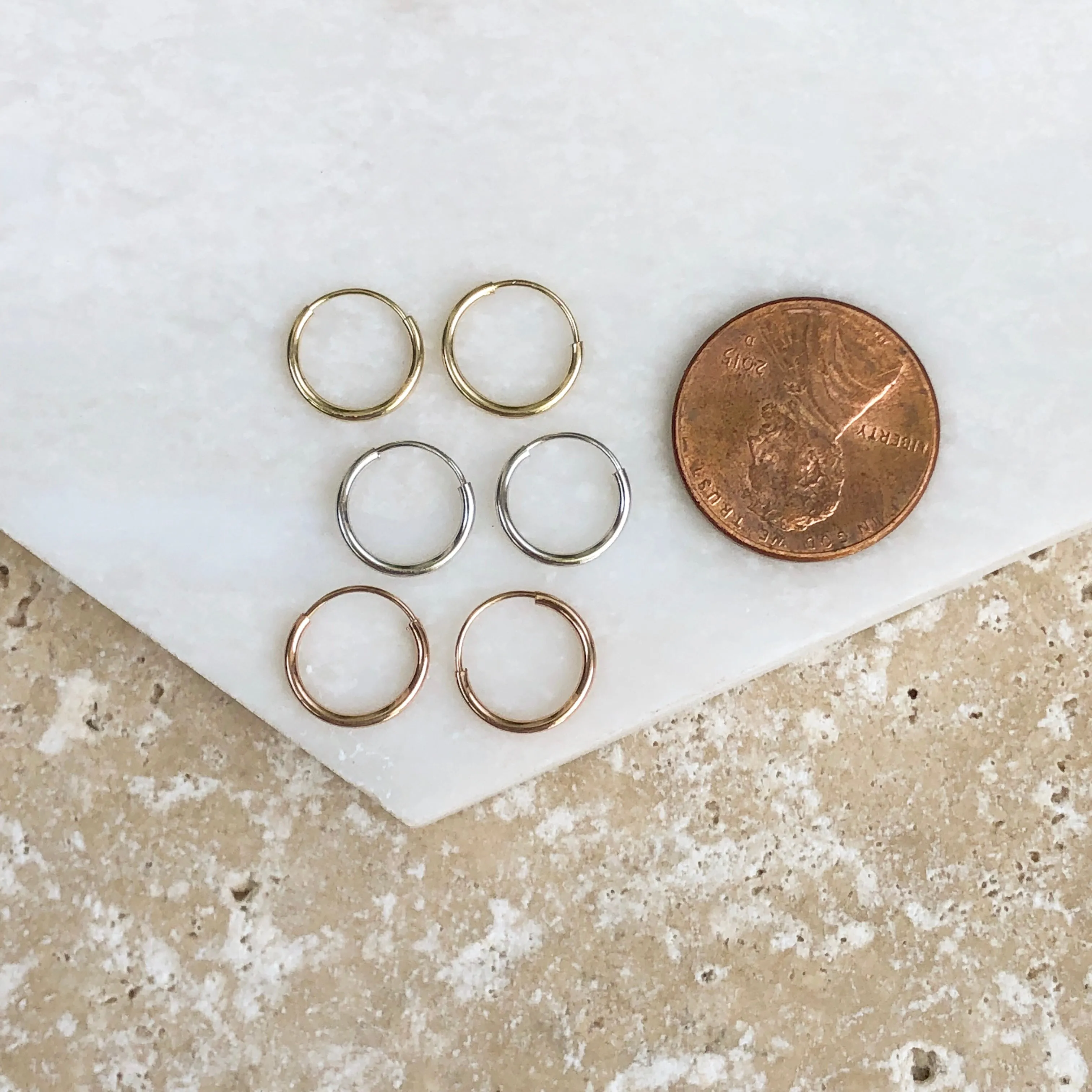 14KT Yellow Gold, Rose Gold   White Gold Mini Hoop Earrings 3 Pair