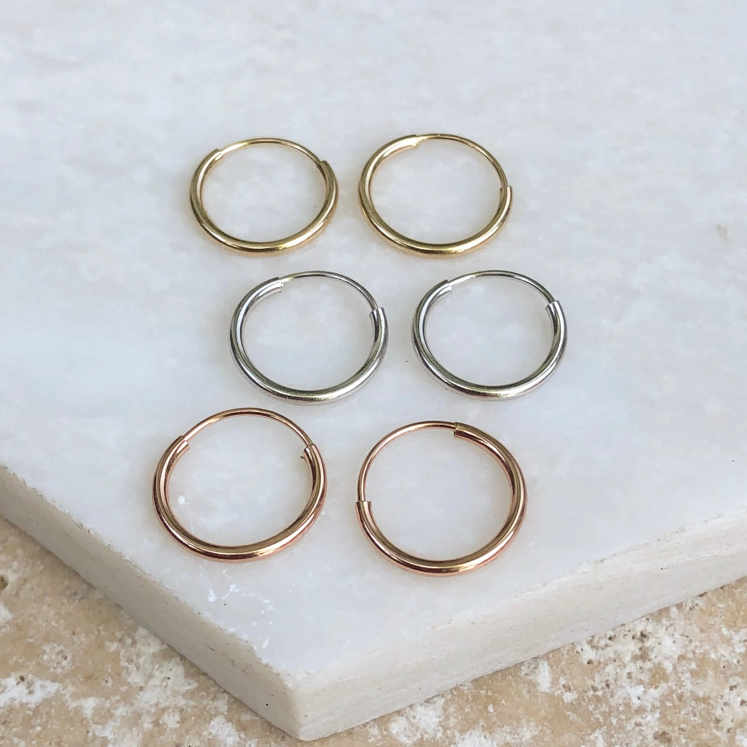 14KT Yellow Gold, Rose Gold   White Gold Mini Hoop Earrings 3 Pair