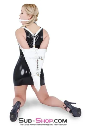 6937M-SIS      Feminized Sissy Kit Forced Feminization Fantasy Sissy Bitch Tight White Lacing Armbinder with Locking Straps