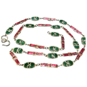 70's, 80's Vintage Roberta di Camerino rare orange and green colorful and golden chain jewelry logo charm long necklace and belt.