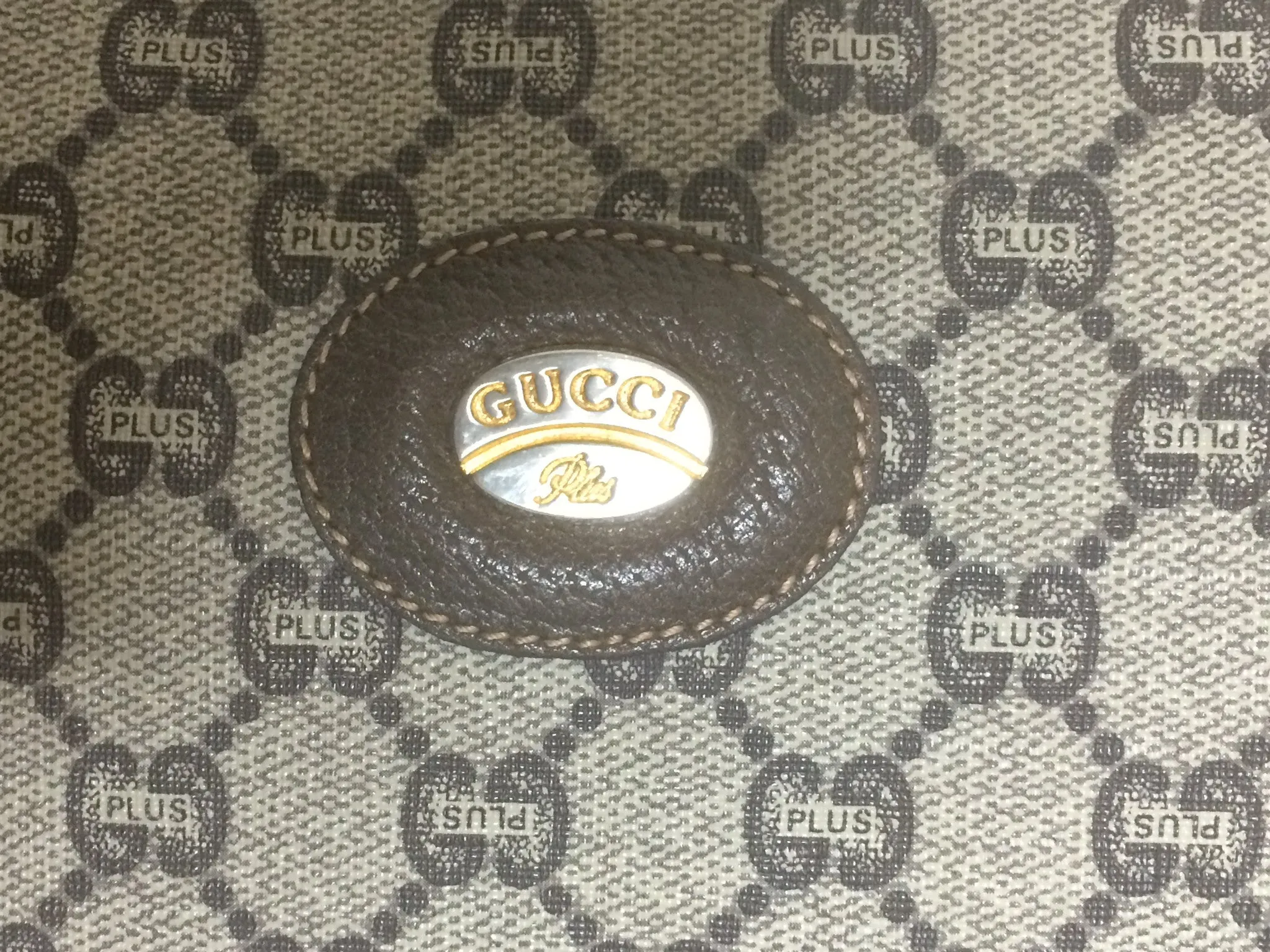 80's vintage Gucci Plus beige monogram large size makeup case, toiletry pouch, purse with golden logo plate. Unisex use