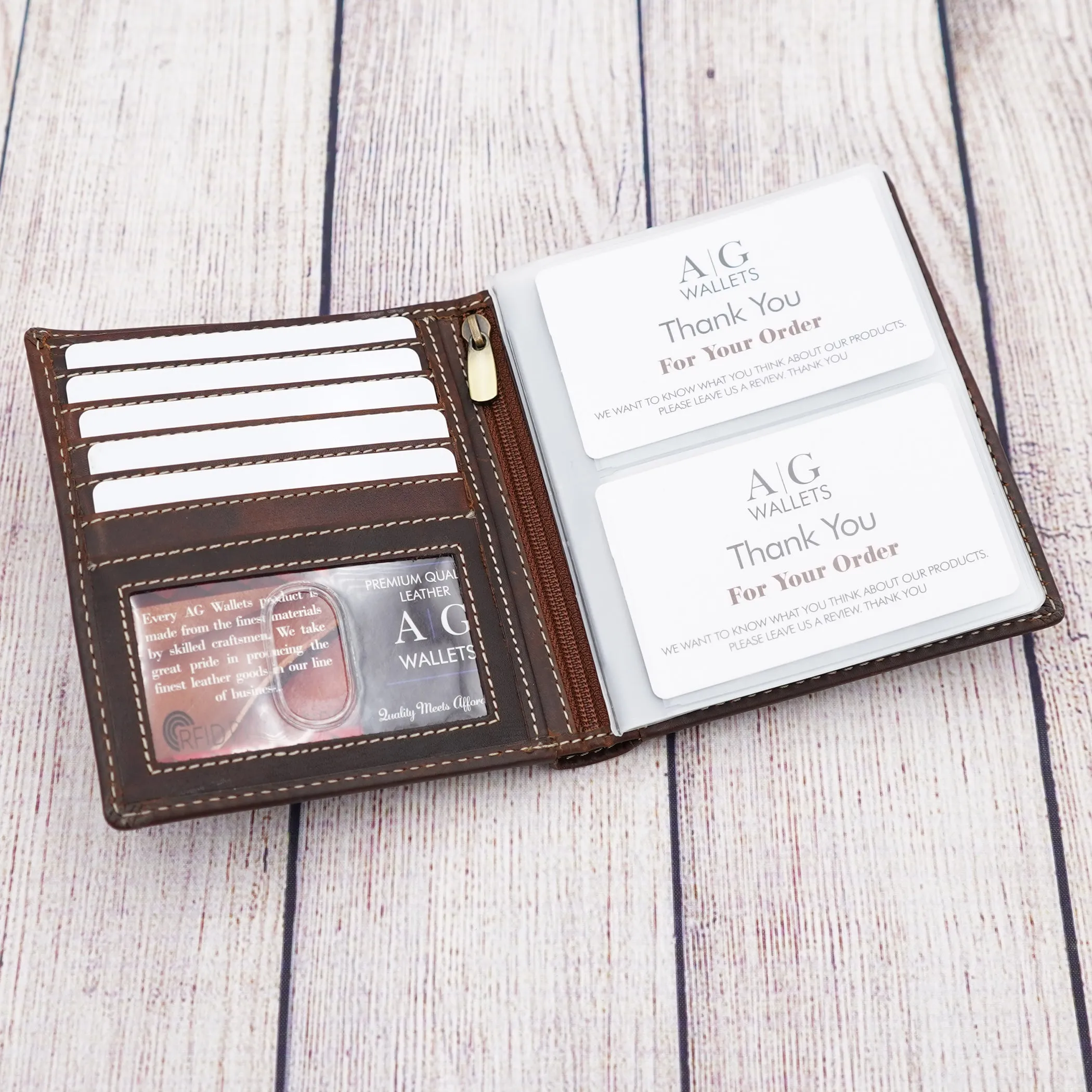 AG Wallets Vintage Brown Full Grain Cow Napa Leather Hipster Bifold Wallet, 2 ID Windows, Thin SlimFold, Removable Inserts, Large Wallet