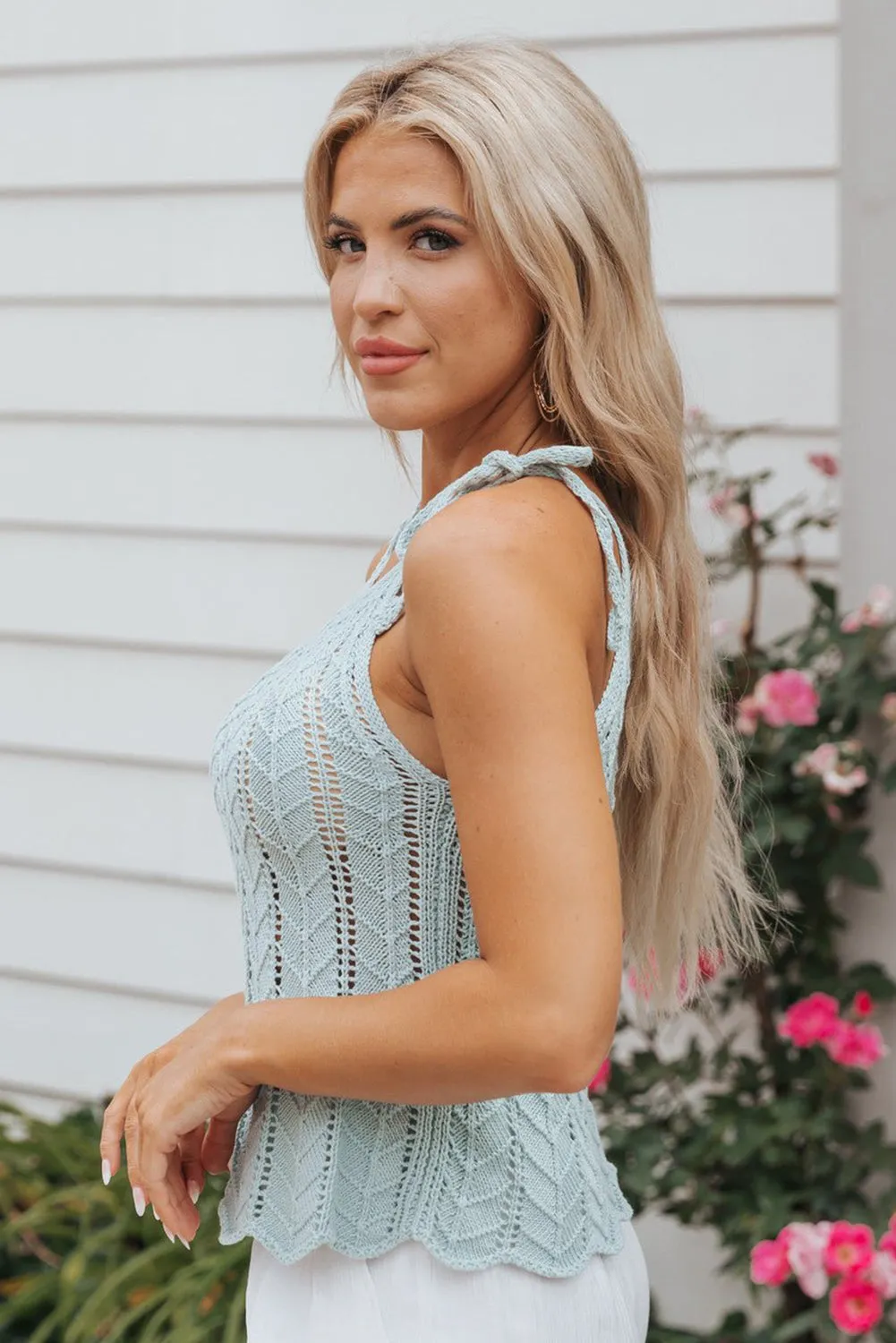 Beau Blue Tied Shoulder Pointelle Knit Tank Top