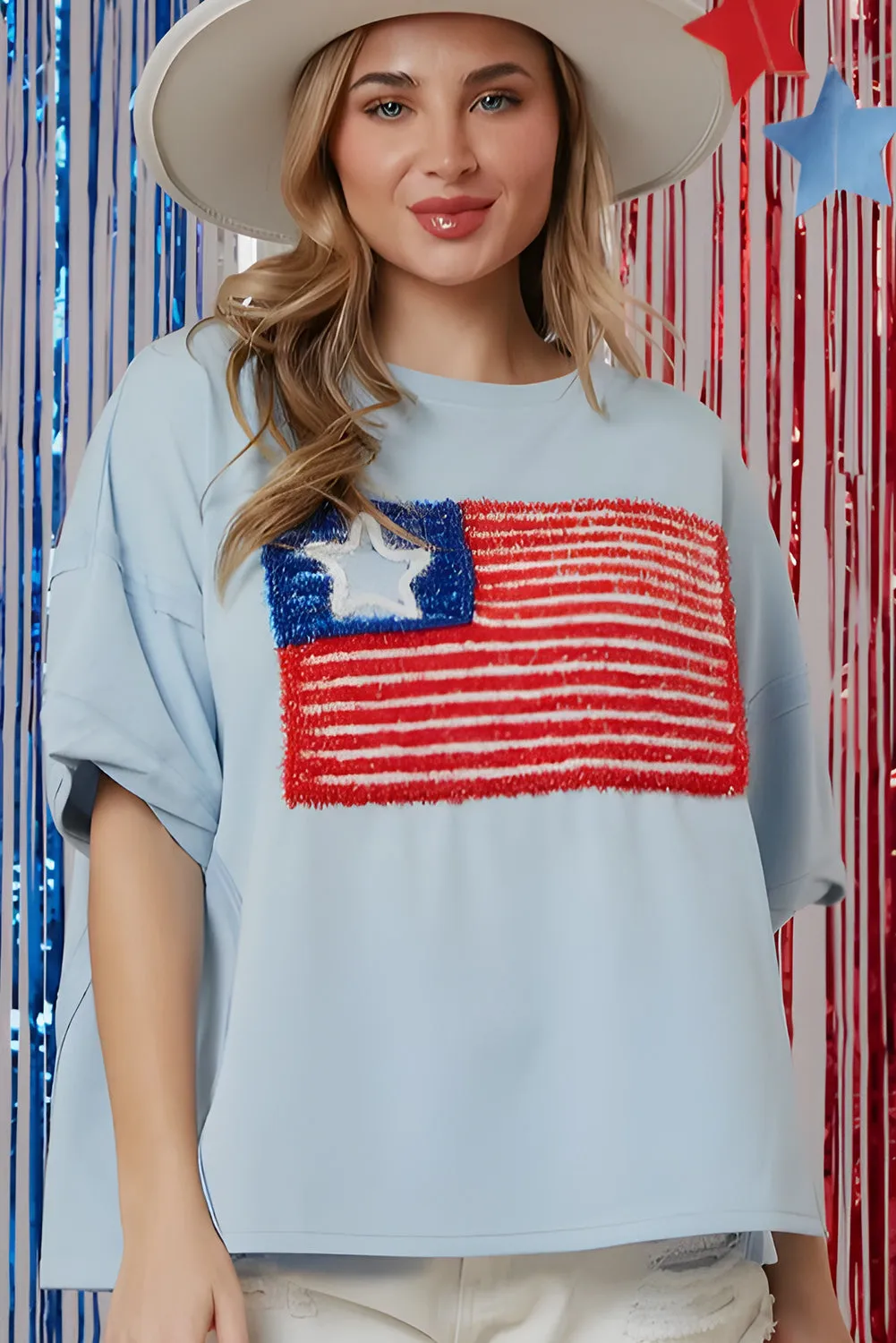 Beau Blue Tinsel American Flag Embroidered Oversize T-shirt