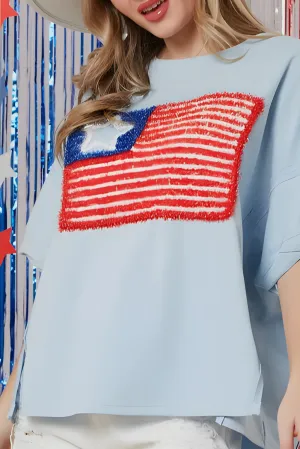 Beau Blue Tinsel American Flag Embroidered Oversize T-shirt