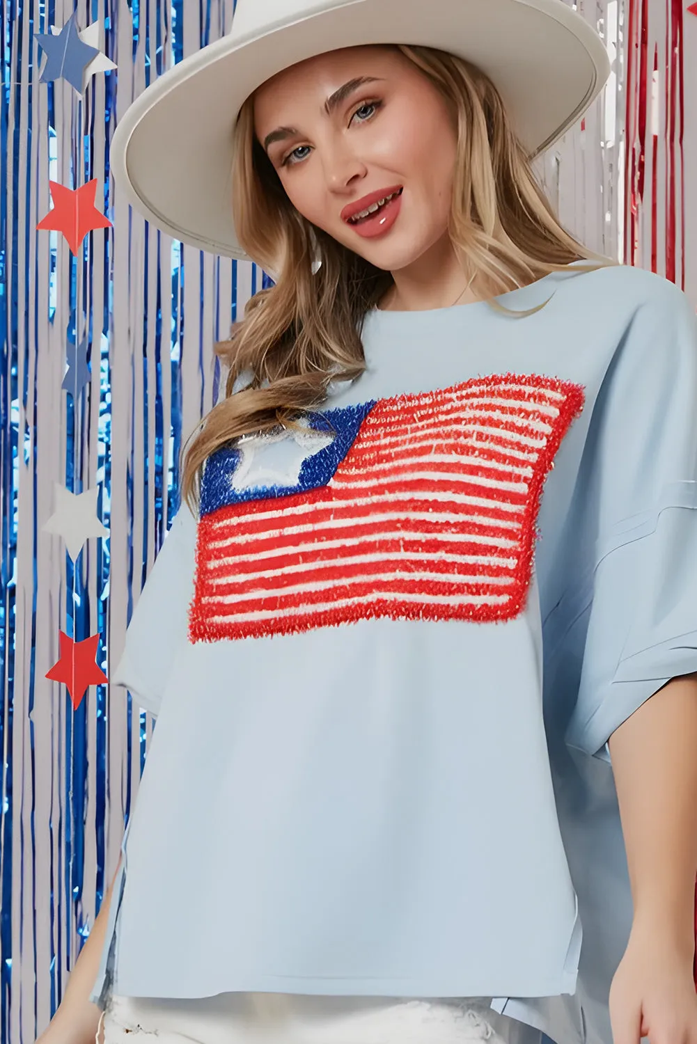 Beau Blue Tinsel American Flag Embroidered Oversize T-shirt