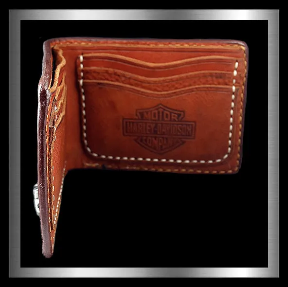 Biker Tan Leather Hand Stitched HD Wallet Billfold
