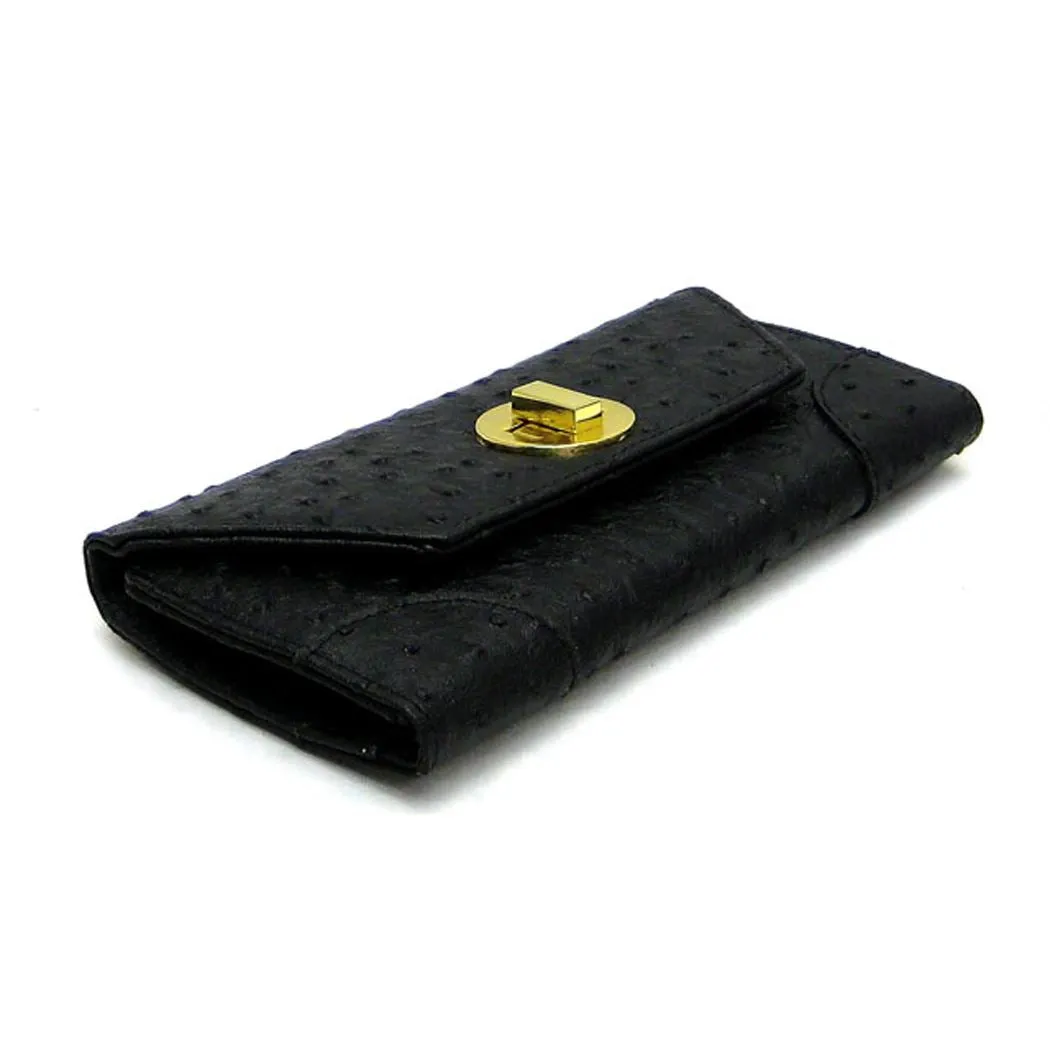 Black Flap wallet Golden Lock Ostrich Credit Card Pockets Wrist Designer