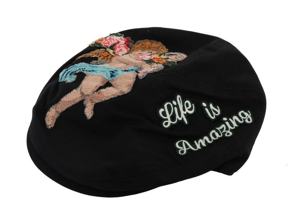 Black Hand-Stitched Angel Newsboy Cap