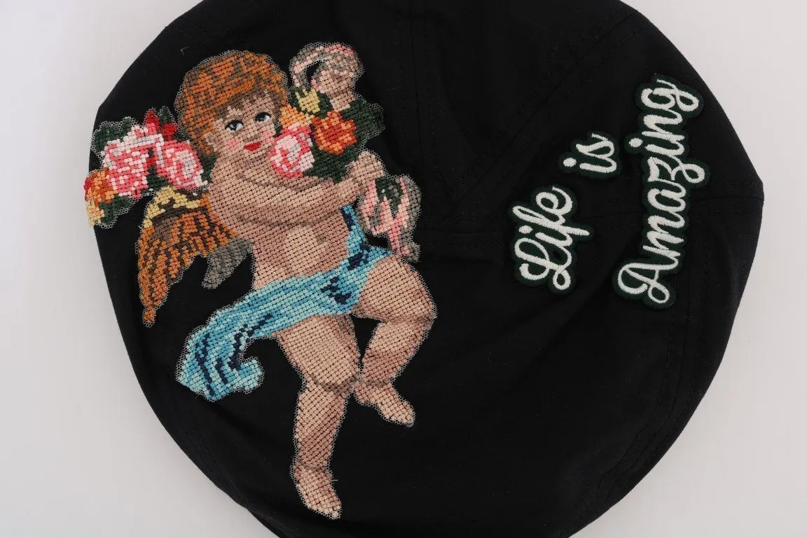 Black Hand-Stitched Angel Newsboy Cap