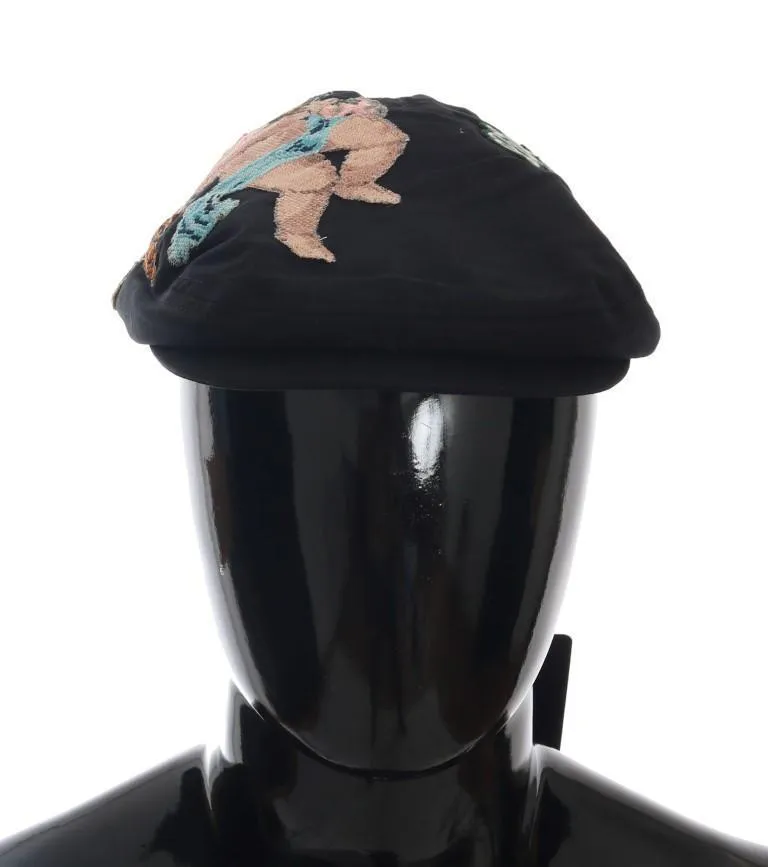 Black Hand-Stitched Angel Newsboy Cap