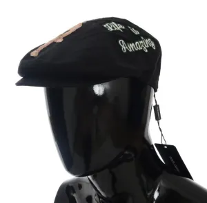 Black Hand-Stitched Angel Newsboy Cap