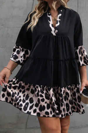 Black Leopard Patchwork Split Neck Ruffle Curvy Dress