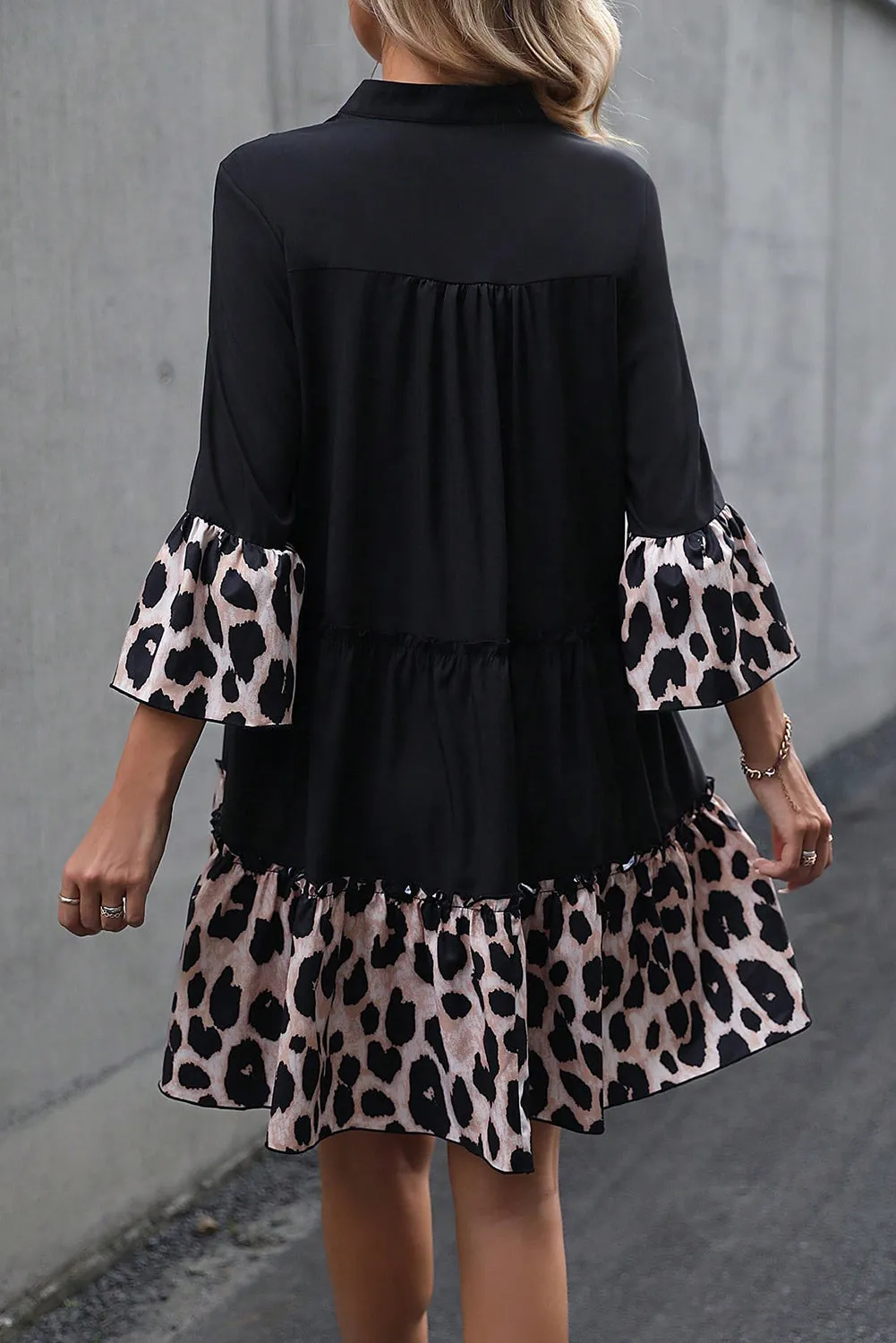Black Leopard Patchwork Split Neck Ruffle Curvy Dress
