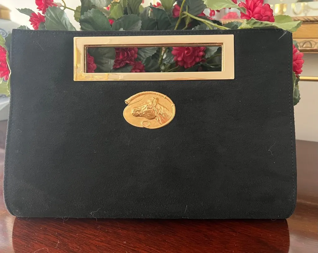 Black Suede Clutch with Horse Emblem