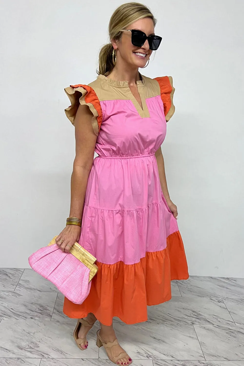 Bonbon Color Block Tiered Notched Neck Ruffle Sleeve Dress