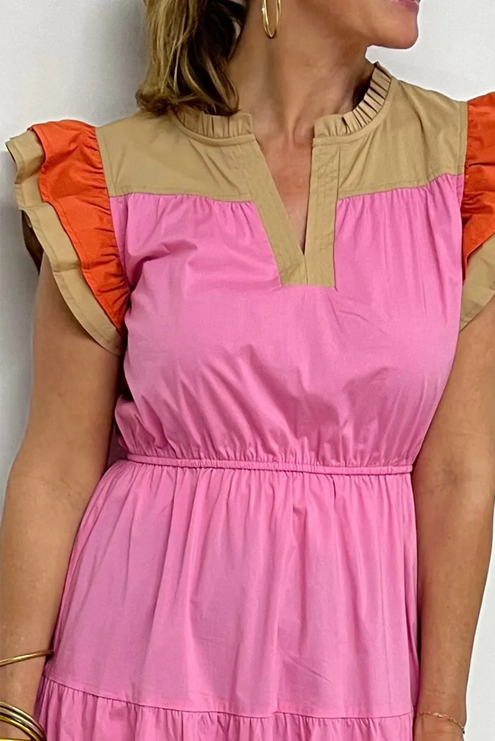 Bonbon Color Block Tiered Notched Neck Ruffle Sleeve Dress