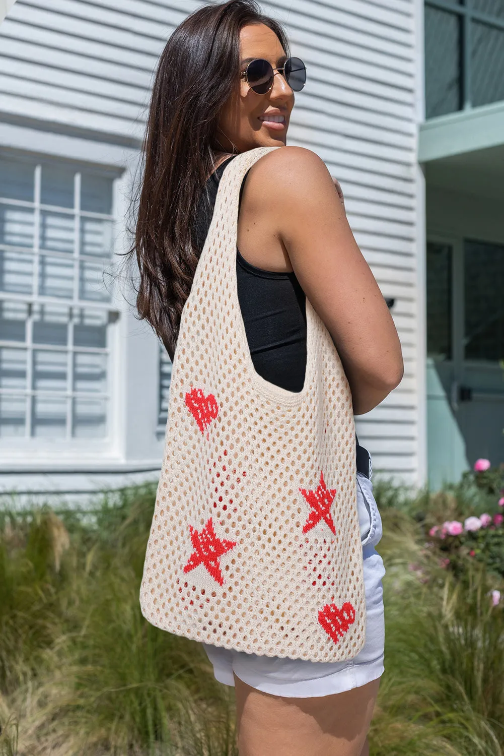 Brown Star Heart Print Hollow Out Knit Shoulder Bag