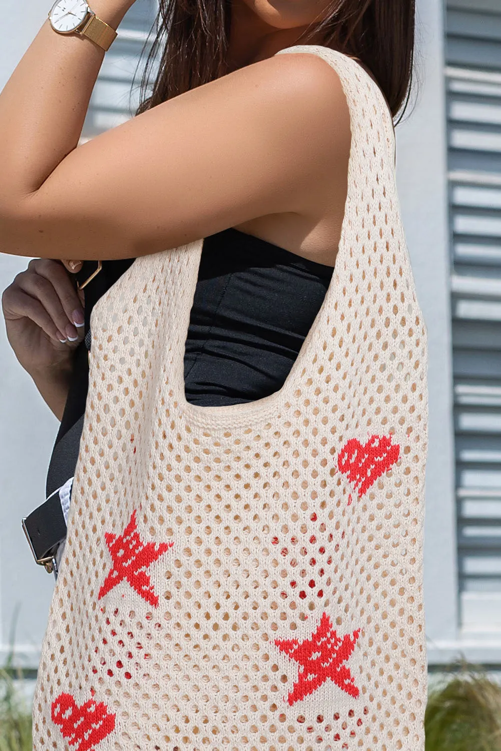 Brown Star Heart Print Hollow Out Knit Shoulder Bag