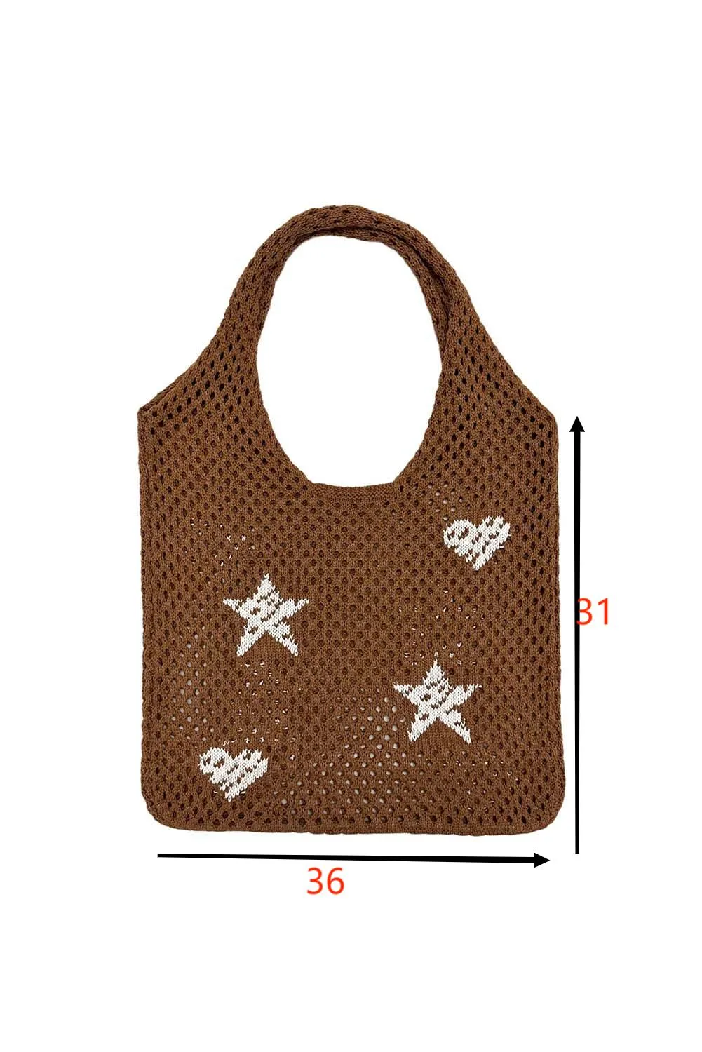 Brown Star Heart Print Hollow Out Knit Shoulder Bag