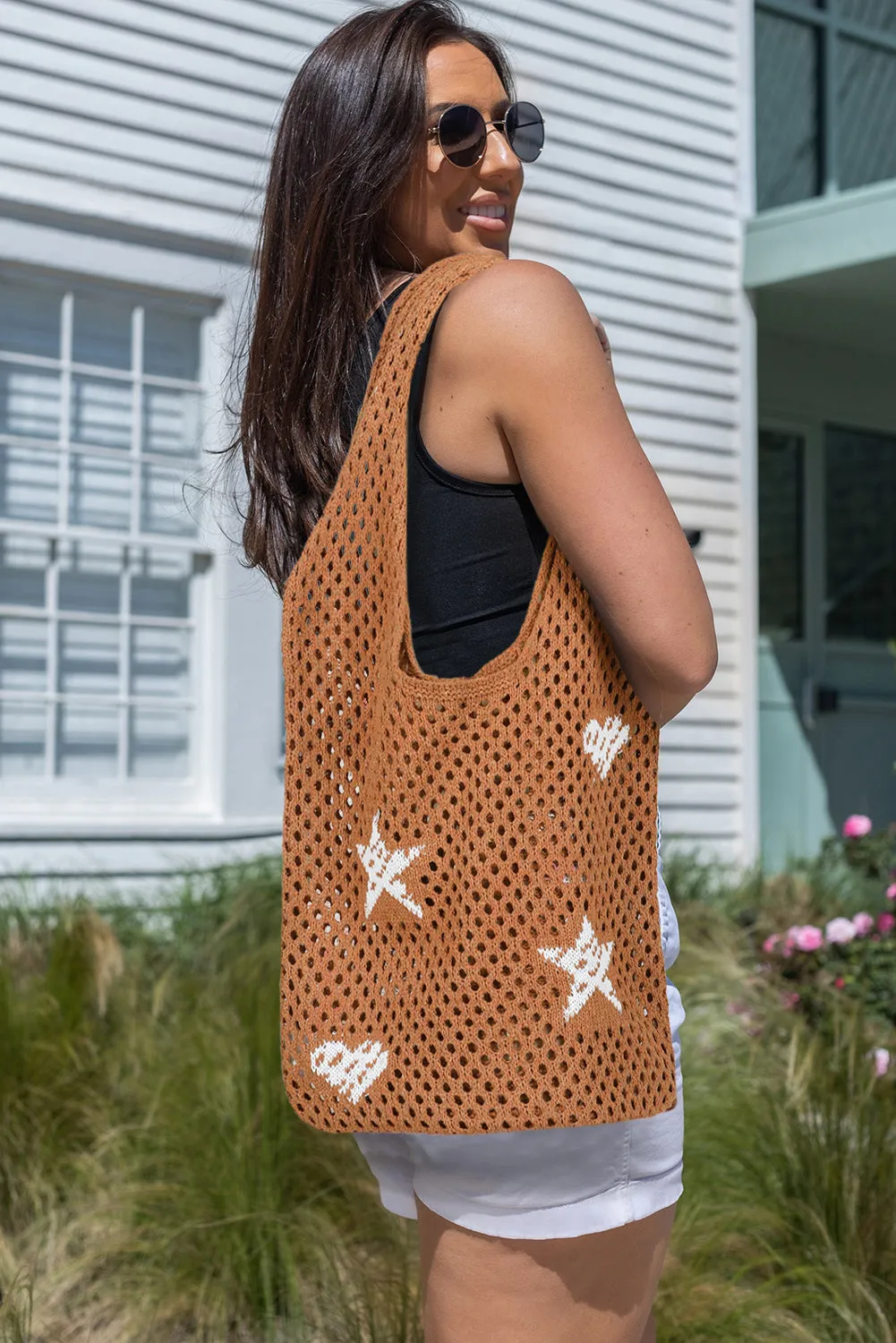 Brown Star Heart Print Hollow Out Knit Shoulder Bag