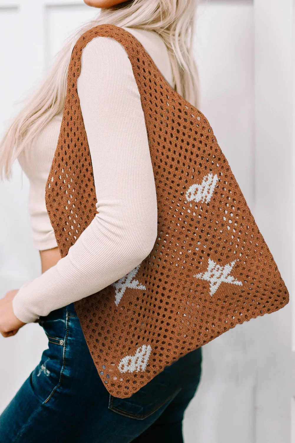 Brown Star Heart Print Hollow Out Knit Shoulder Bag