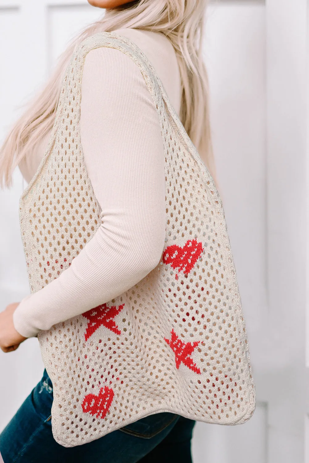 Brown Star Heart Print Hollow Out Knit Shoulder Bag