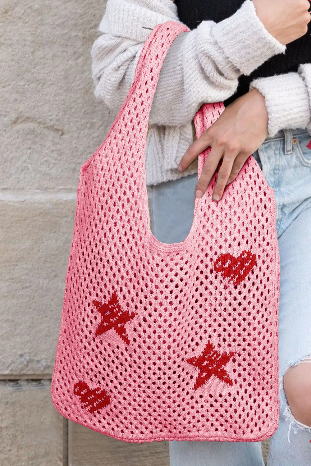 Brown Star Heart Print Hollow Out Knit Shoulder Bag