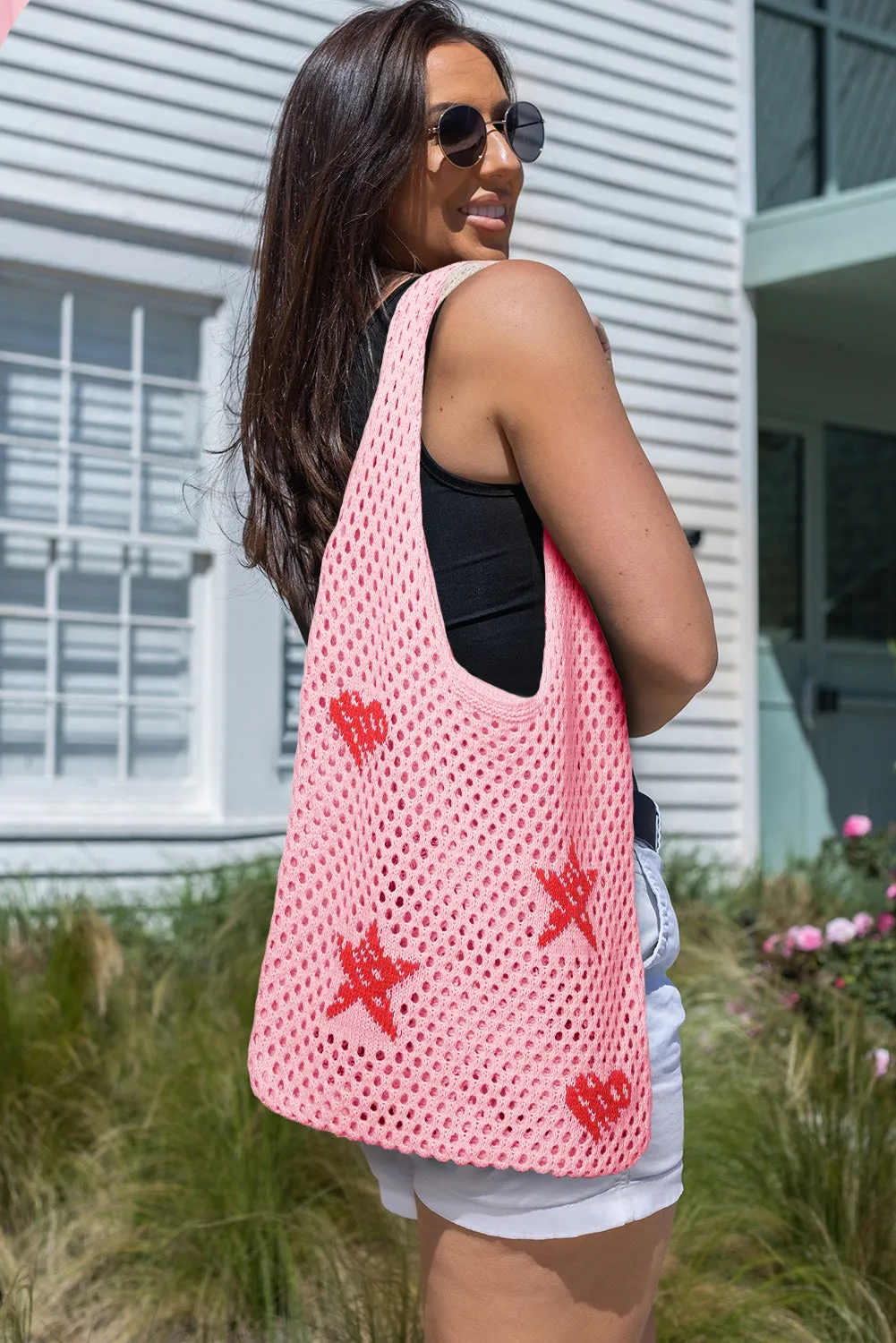 Brown Star Heart Print Hollow Out Knit Shoulder Bag