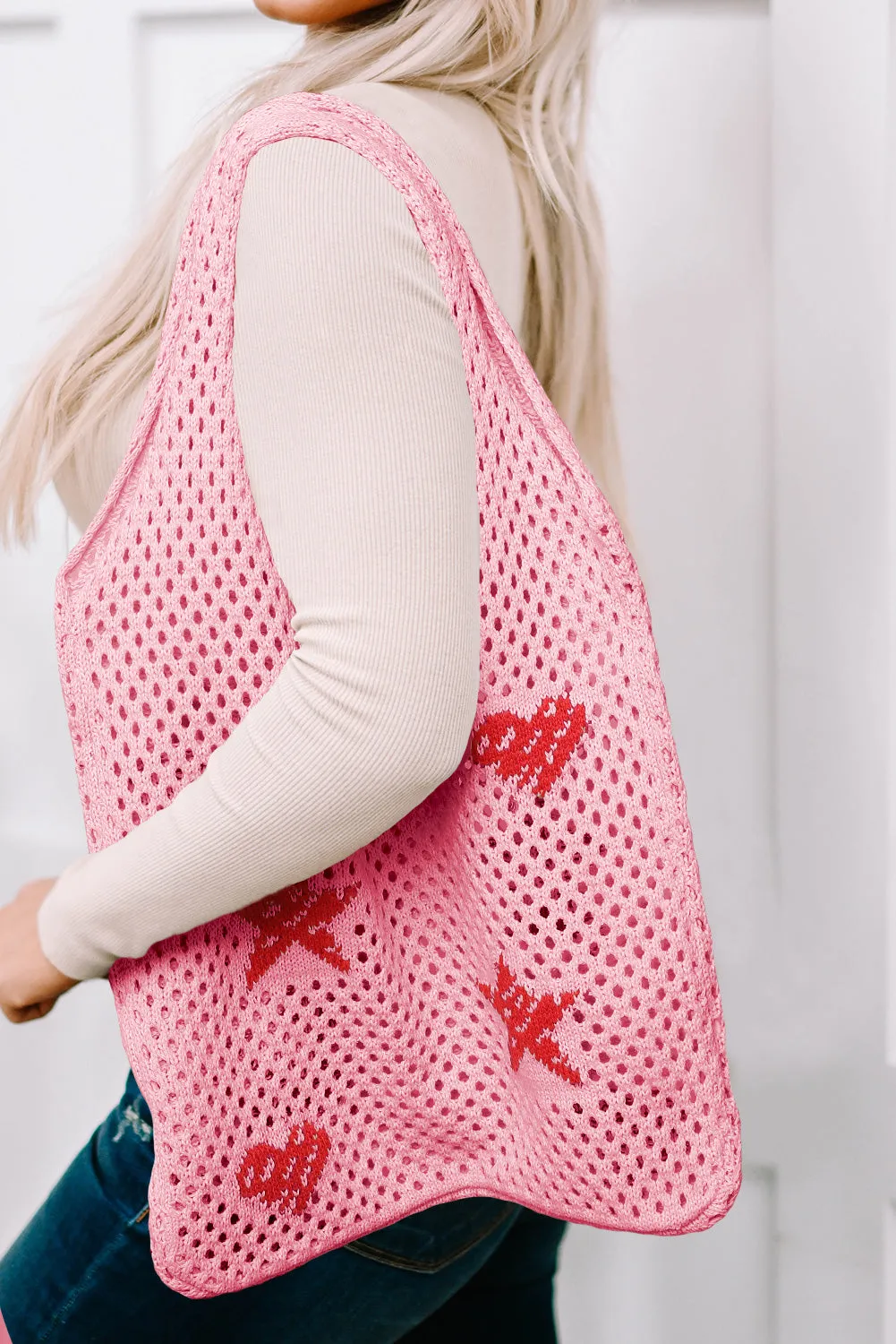 Brown Star Heart Print Hollow Out Knit Shoulder Bag