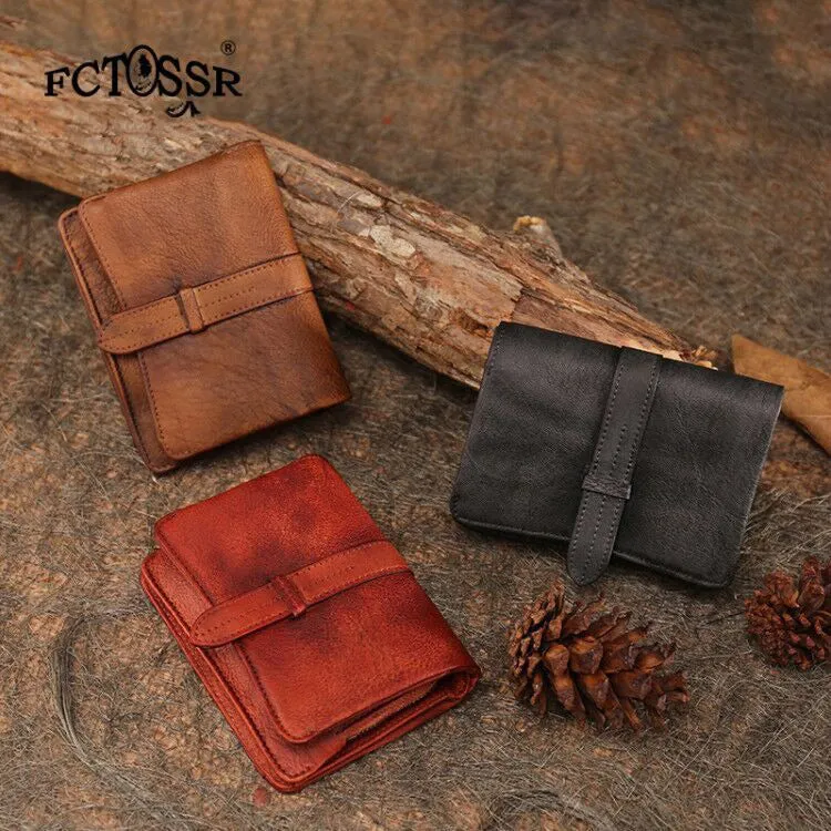 Brown Womens Leather Bifold Small Wallet Vintage Buckle Small Wallet for Ladies