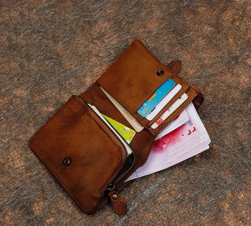 Brown Womens Leather Bifold Small Wallet Vintage Buckle Small Wallet for Ladies