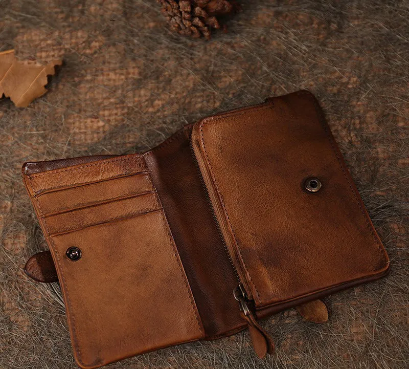 Brown Womens Leather Bifold Small Wallet Vintage Buckle Small Wallet for Ladies