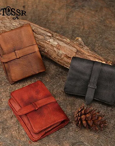 Brown Womens Leather Bifold Small Wallet Vintage Buckle Small Wallet for Ladies