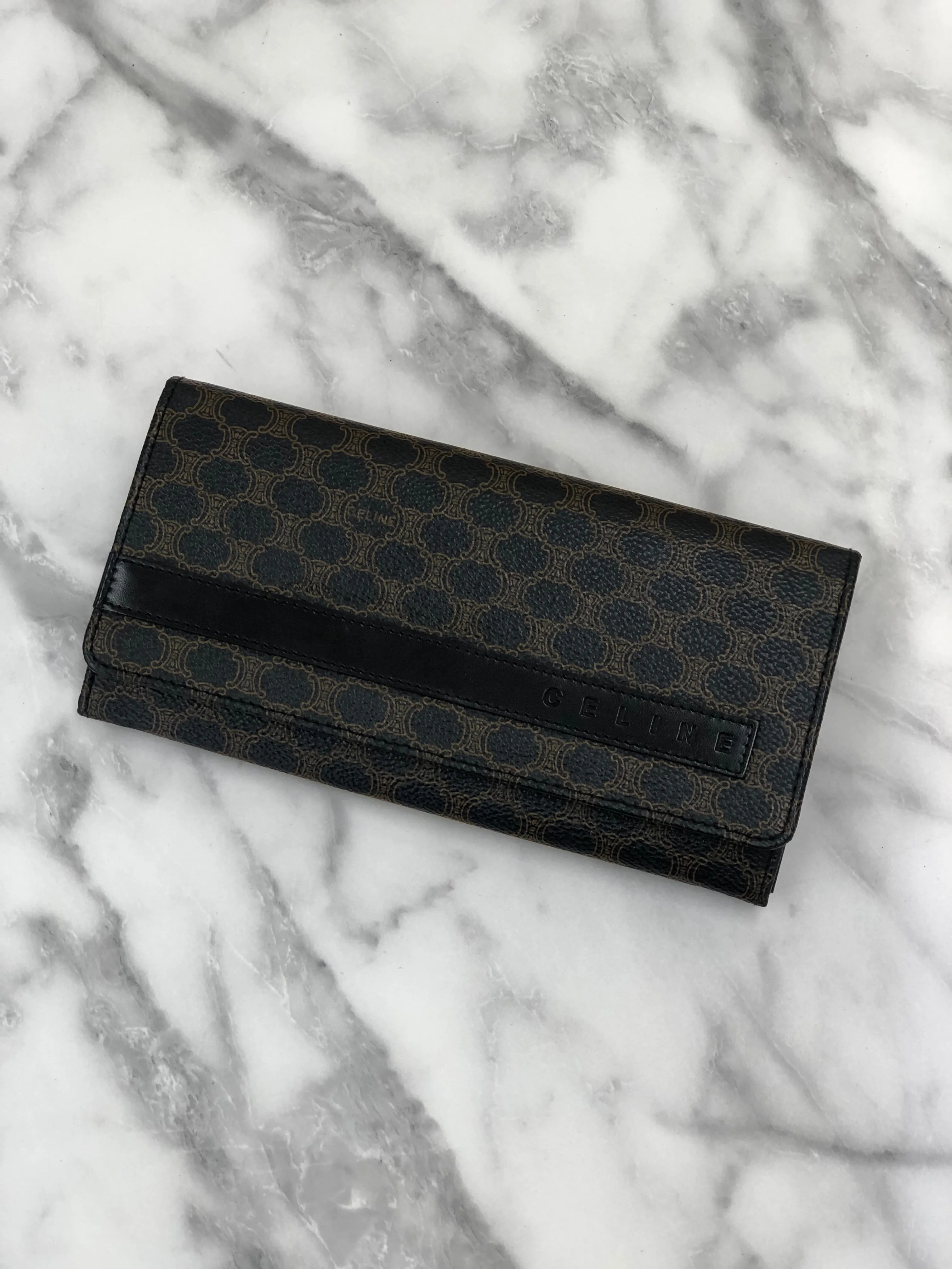 CELINE Macadam Logo Metal Clasp Long Wallet Black Vintage x577ej
