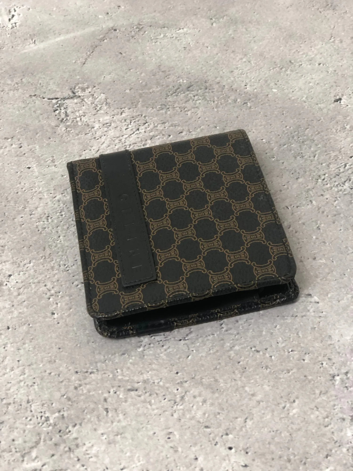 CELINE Macadam Logo PVC Leather Folded Wallet Black Vintage 57nfmr