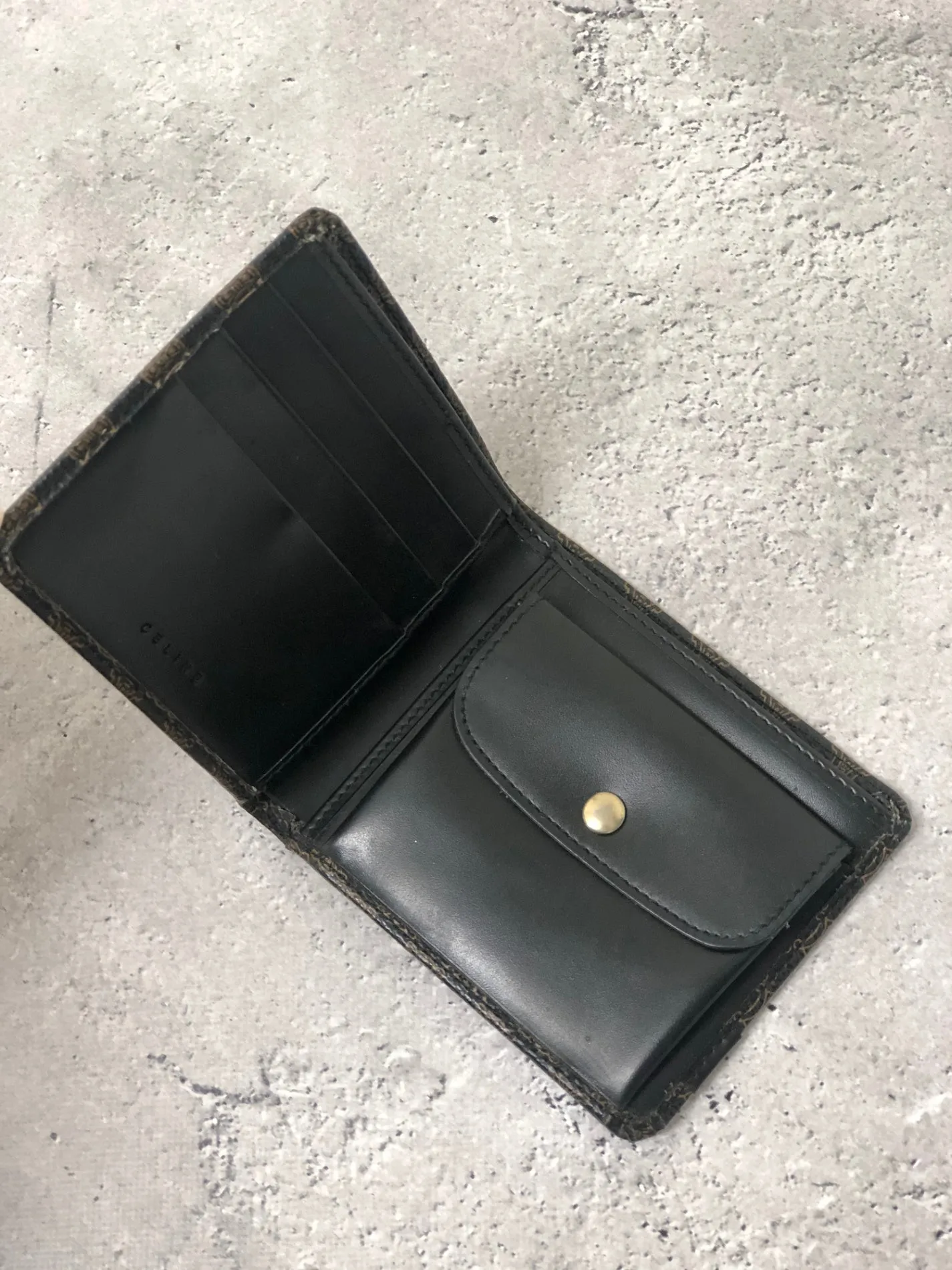 CELINE Macadam Logo PVC Leather Folded Wallet Black Vintage 57nfmr