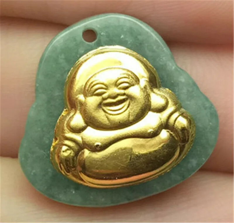 Certified Natural Gold & Icy Jadeite Emerald A*Jade HandCarved Tablet Happy Buddha 佛 Pendant N6447 with Gift Box