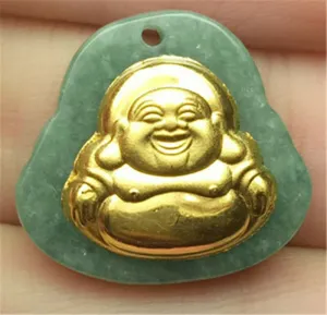 Certified Natural Gold & Icy Jadeite Emerald A*Jade HandCarved Tablet Happy Buddha 佛 Pendant N6447 with Gift Box