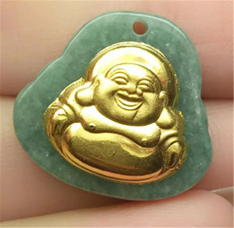 Certified Natural Gold & Icy Jadeite Emerald A*Jade HandCarved Tablet Happy Buddha 佛 Pendant N6447 with Gift Box