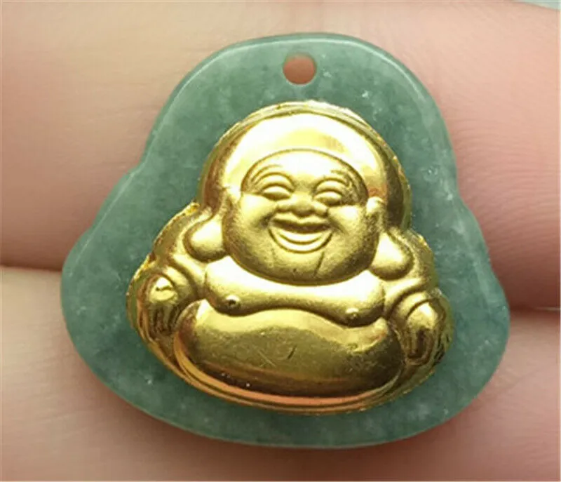 Certified Natural Gold & Icy Jadeite Emerald A*Jade HandCarved Tablet Happy Buddha 佛 Pendant N6447 with Gift Box