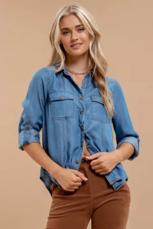CHAMBRAY COLLARED 3/4 TAB SLEEVE BUTTON DOWN SHIRT
