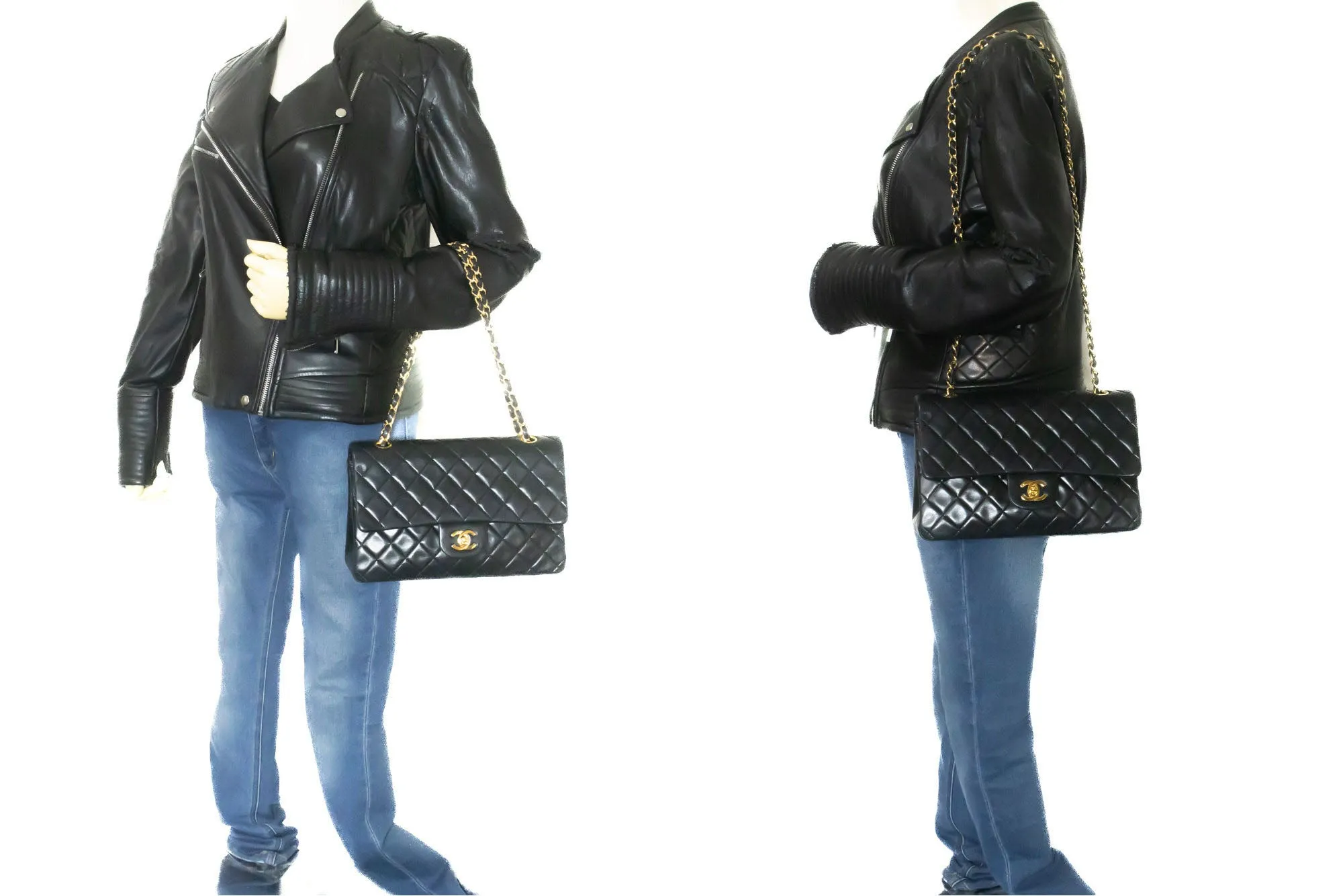 CHANEL Classic Double Flap 10" Chain Shoulder Bag Black Lambskin p31